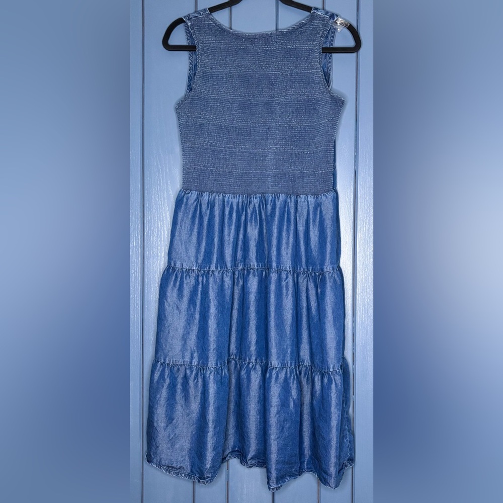 Tiered Smocked Chambray Jumper Dress Large Retro Cottage Core Peasant Y2K Casual - Picture 3 of 3